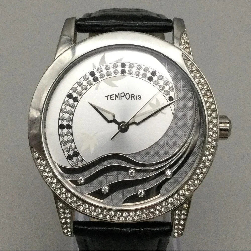 Temporis Waterfall Womens Watch 42mm Crystal Bezel Black Leather New Battery